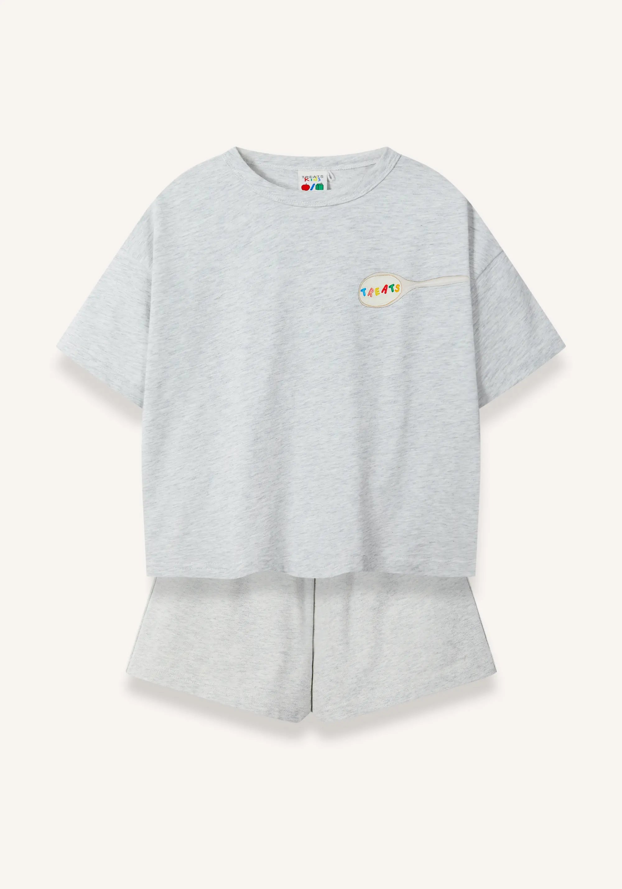A light gray heather short-sleeve t-shirt with a small colorful spoon graphic on the chest, paired with matching light gray heather shorts, shown against a plain off-white background.