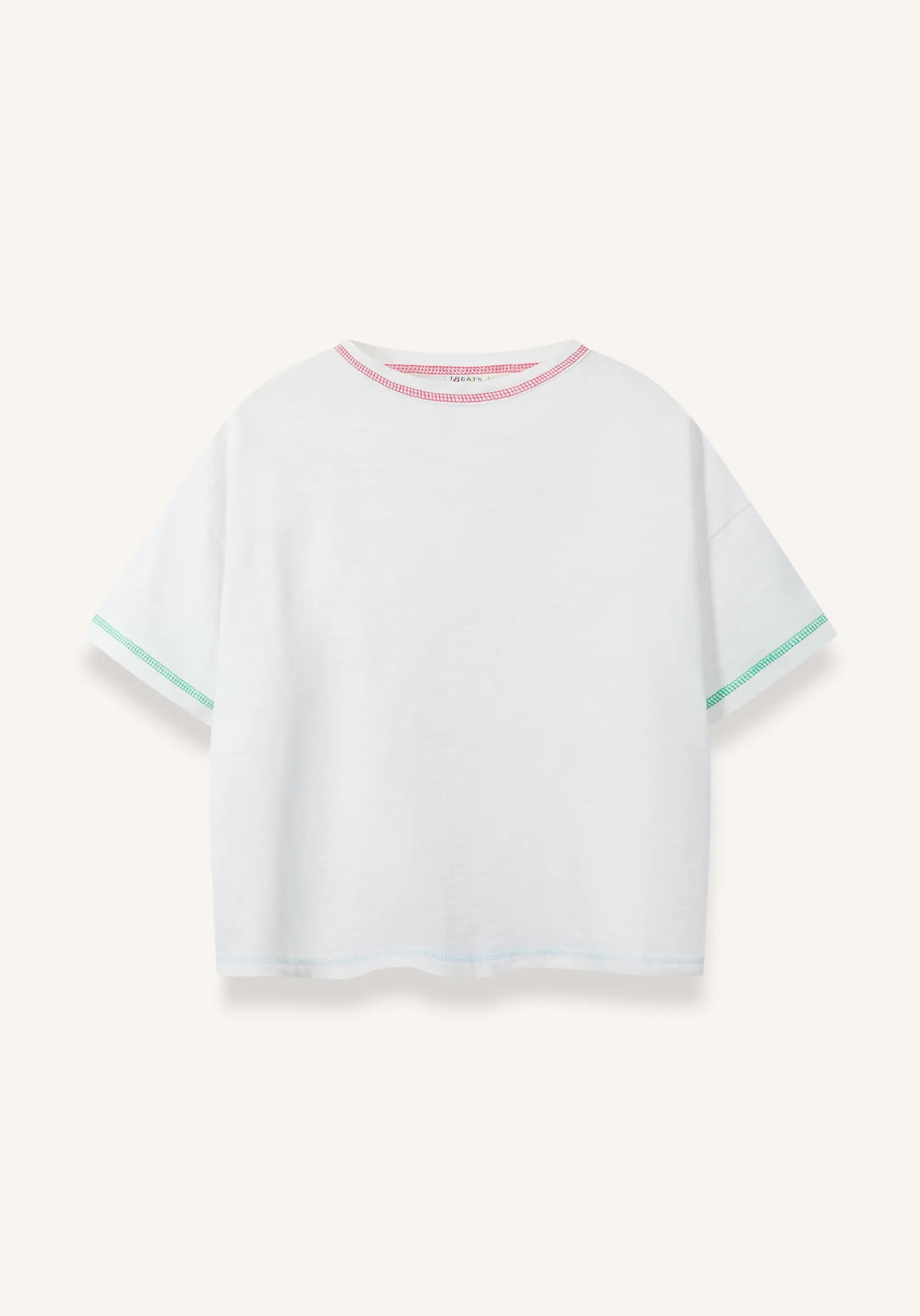 A white short-sleeve crewneck t-shirt with thin pink trim along the collar and mint green trim along the sleeve cuffs, displayed flat against a light cream background.