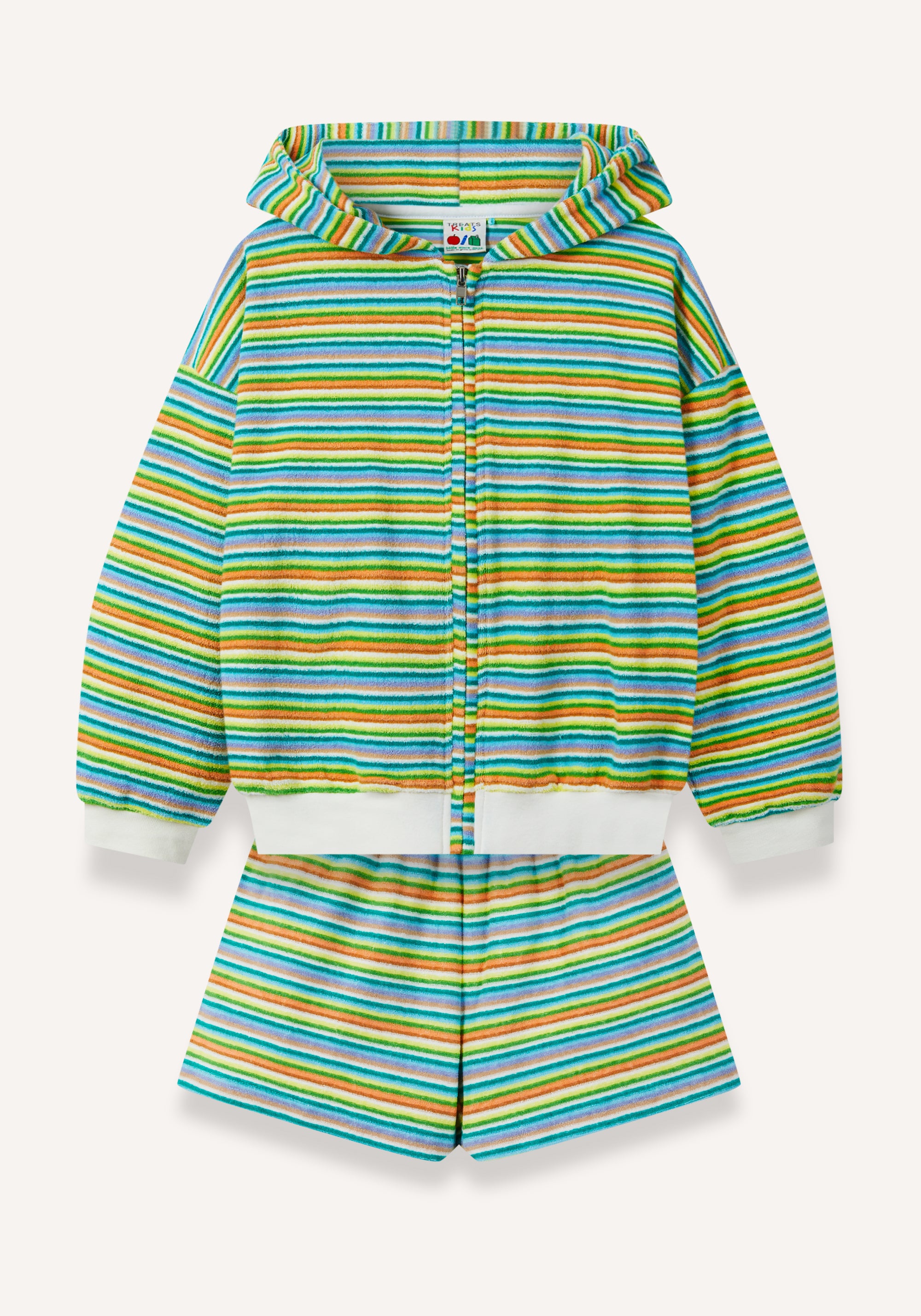 A children's two-piece matching set featuring a hooded zip-up sweatshirt and shorts, both decorated with horizontal stripes in shades of blue, green, yellow, orange, and white. The set is displayed flat against a light off-white background.