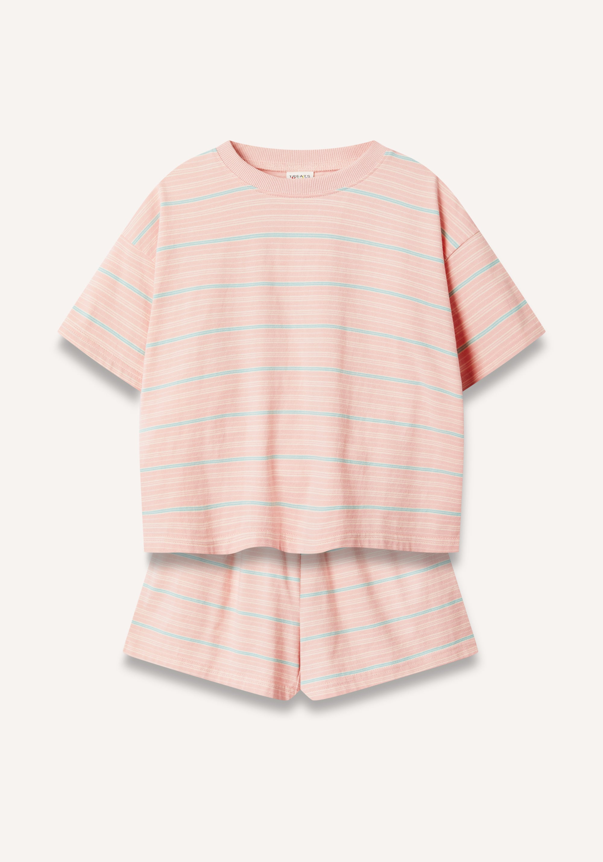 A two-piece childrens set featuring a short-sleeve top and matching shorts in a soft pink colour, decorated with thin horizontal mint green stripes, displayed on a clean off-white background.