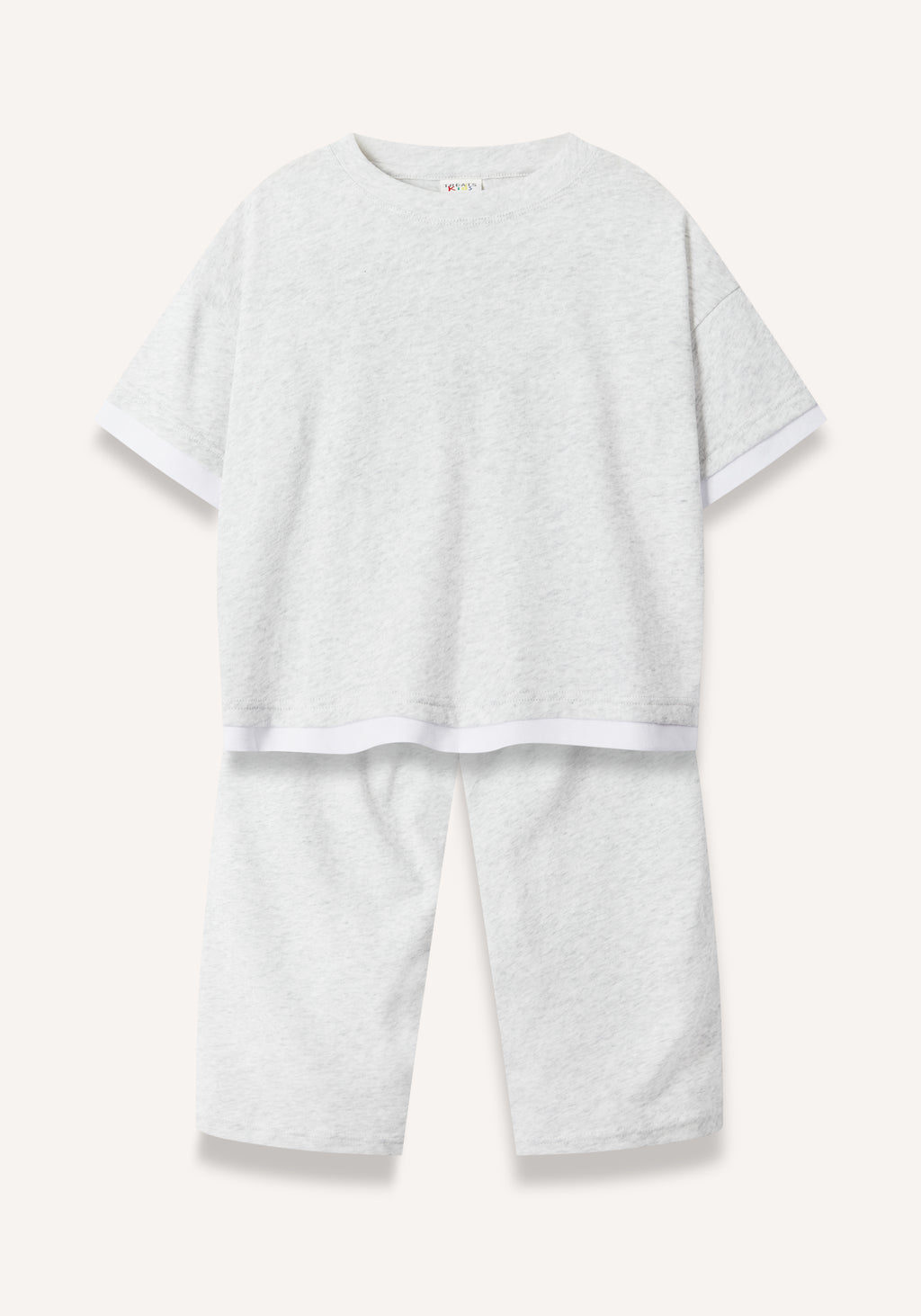 A light gray heathered two-piece children's loungewear set consisting of a short-sleeve cropped t-shirt and matching pants, displayed flat against a light off-white background.
