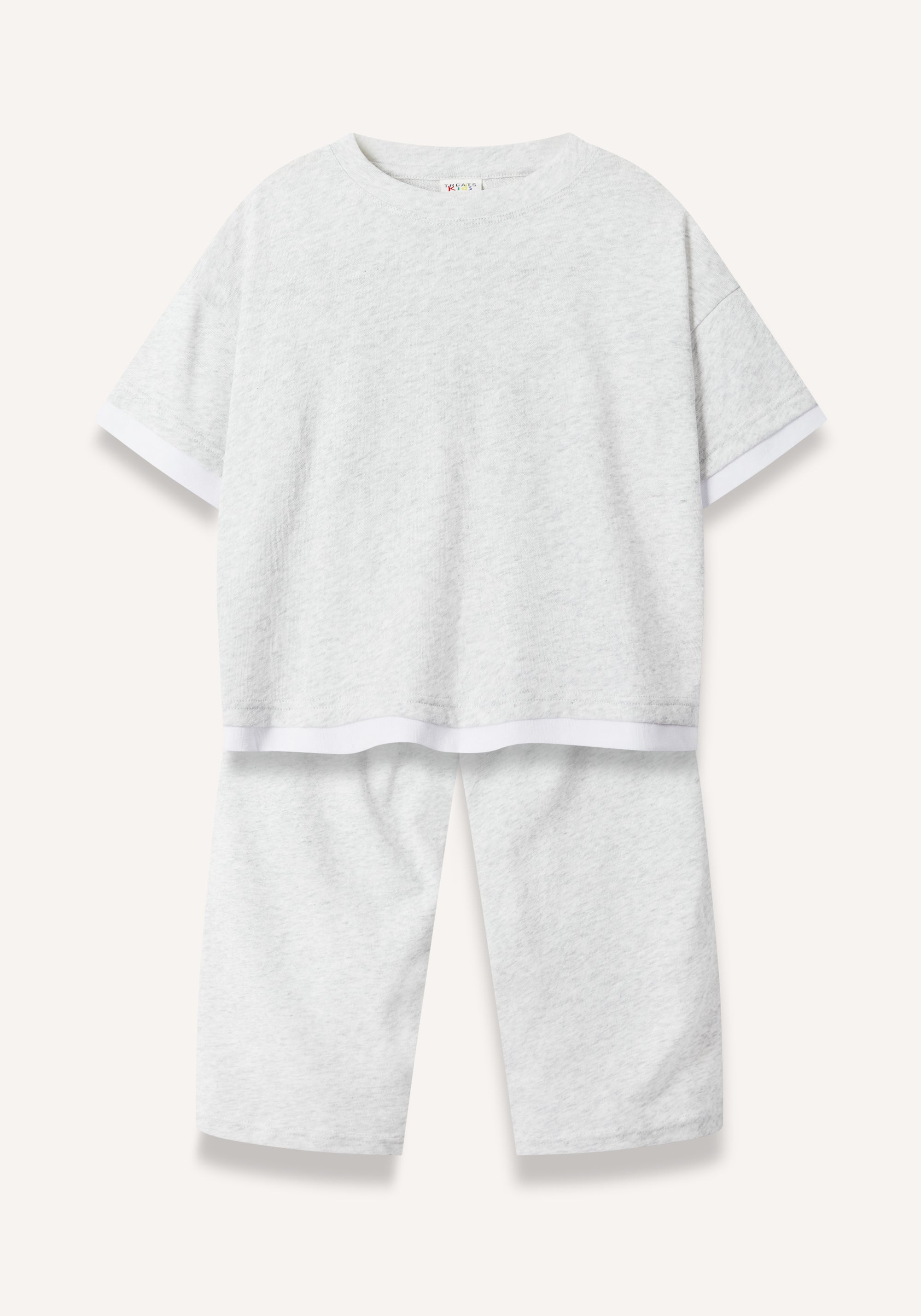A light gray heathered two-piece children's loungewear set consisting of a short-sleeve cropped t-shirt and matching pants, displayed flat against a light off-white background.