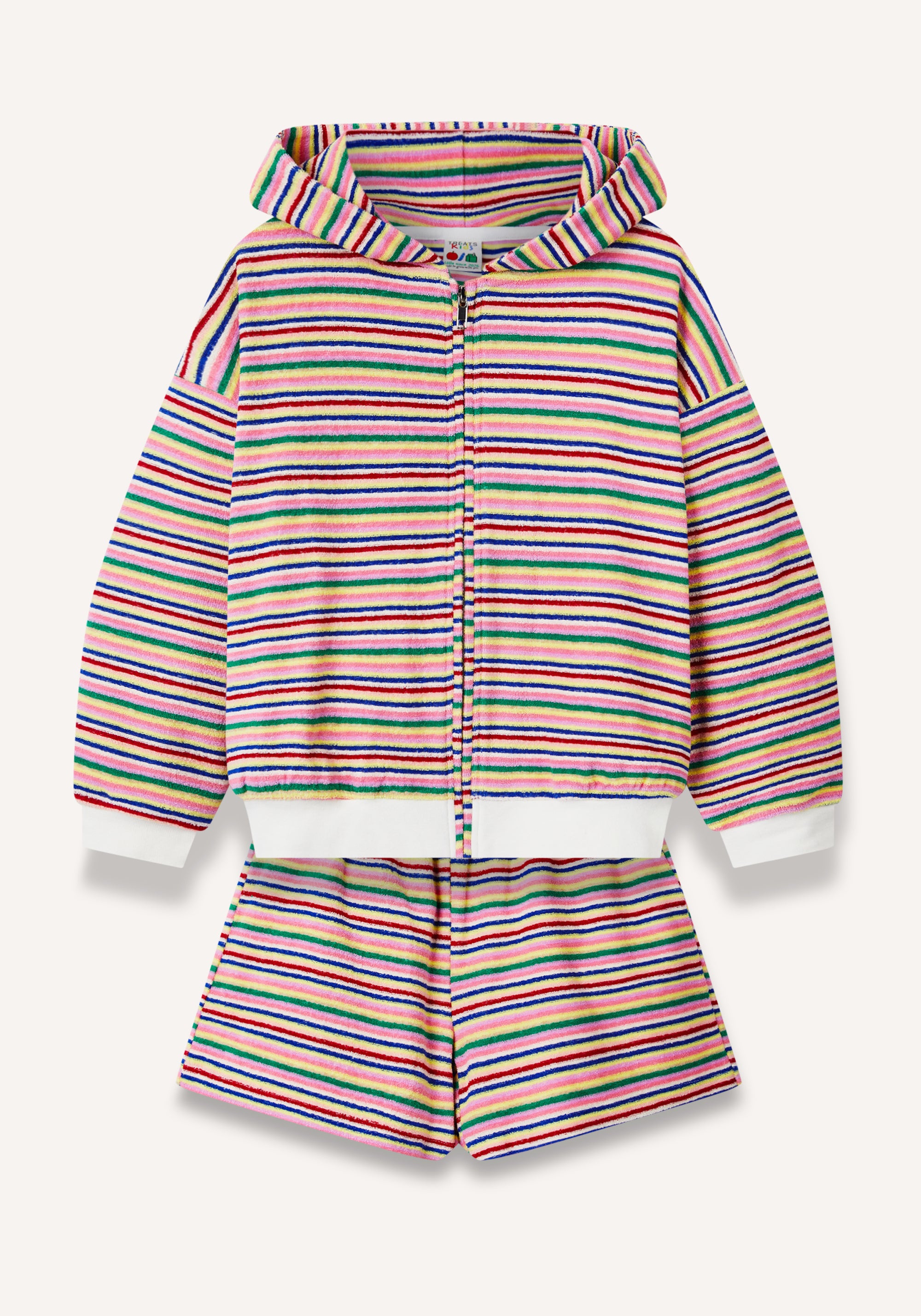 A children's two-piece matching set featuring a zip-up hooded sweatshirt and shorts, both decorated with a vibrant multicolor horizontal stripe pattern on a cream base, shown against a light off-white background.
