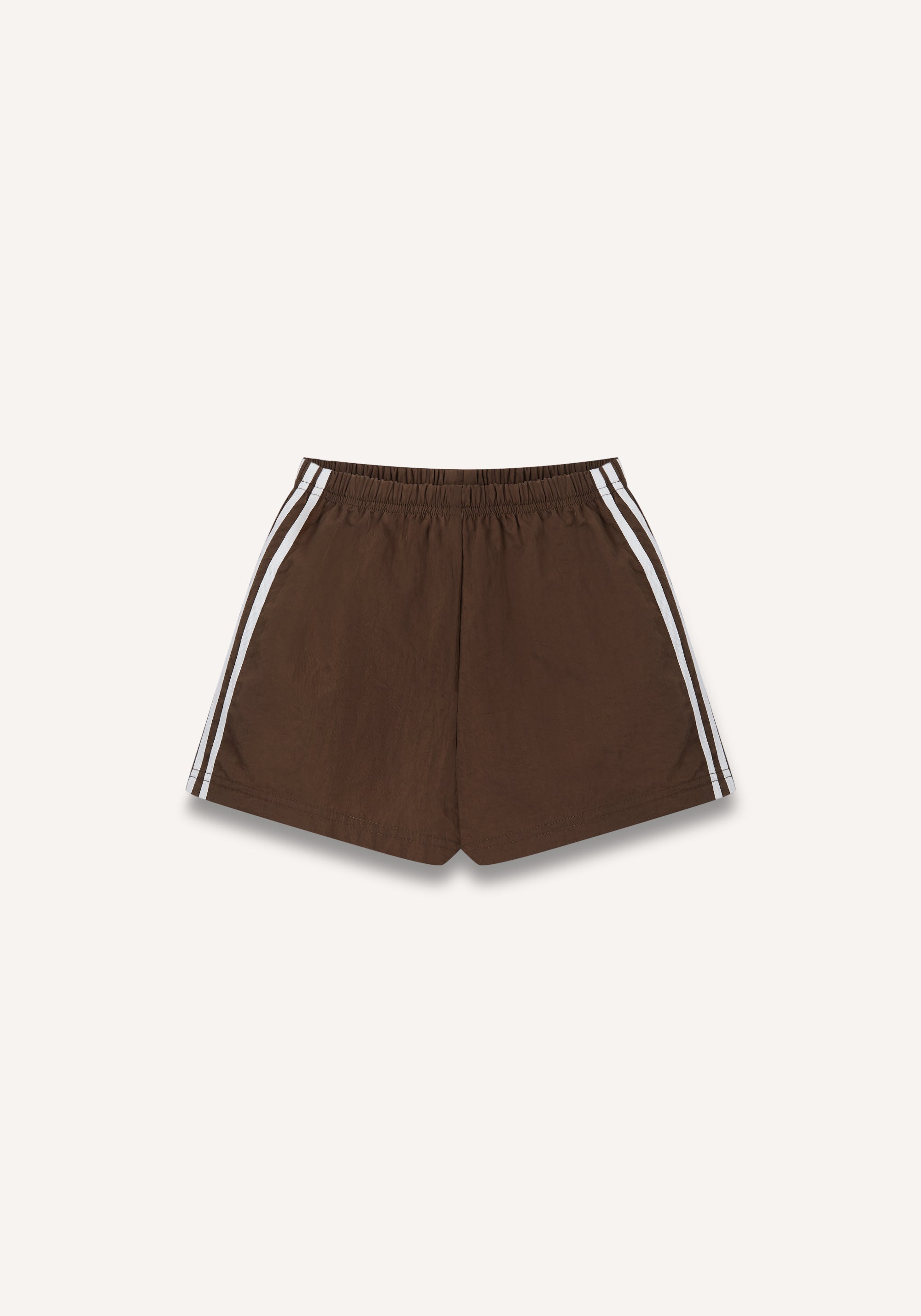 Brown athletic shorts with white side stripes, displayed flat against a light off-white background.