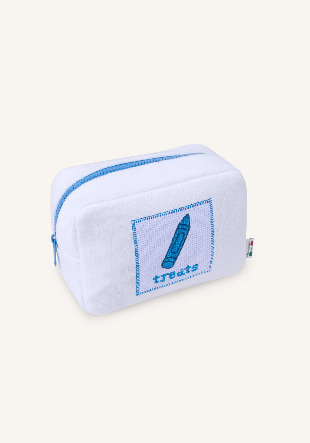 A white fabric zippered pencil case featuring a blue stitched border, a blue crayon illustration, and the text 'tTeds' on the front, set against a solid off-white background.